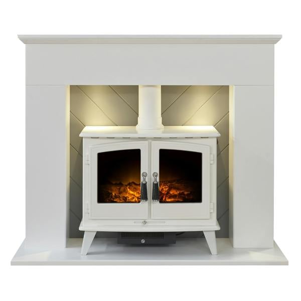 Adam Corinth Stove Fireplace in Pure White & Grey with Downlights & Woodhouse Electric Stove in Pure White, 48 Inch