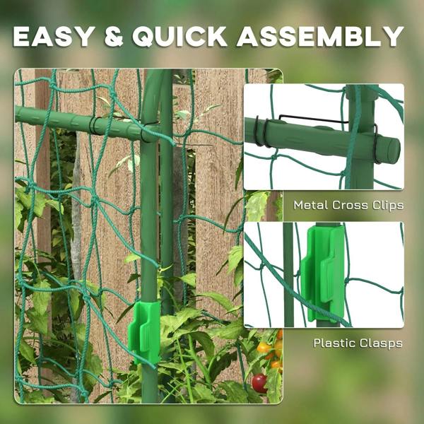 Green metal arch trellis frame with cross clips and plastic clasps for assembly