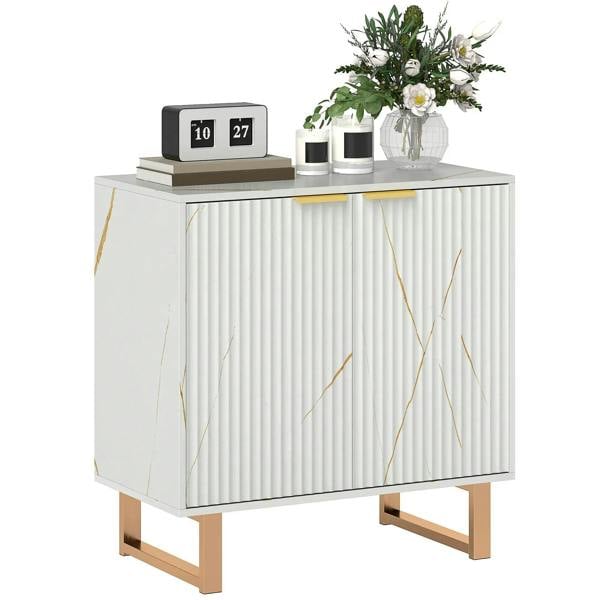 White ribbed sideboard with gold-tone legs and vertical door panels