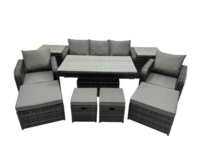 Fimous Rattan Garden Furniture Dining Set 8 seater Patio Height Adjustable Rising Table Sofa Set with 2 Side Table 2 Big Footstool Dark Grey Mixed