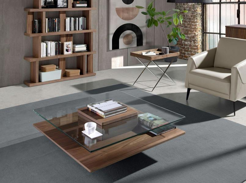 Angel Cerdá Square Tempered Glass and Walnut Coffee Table 2017