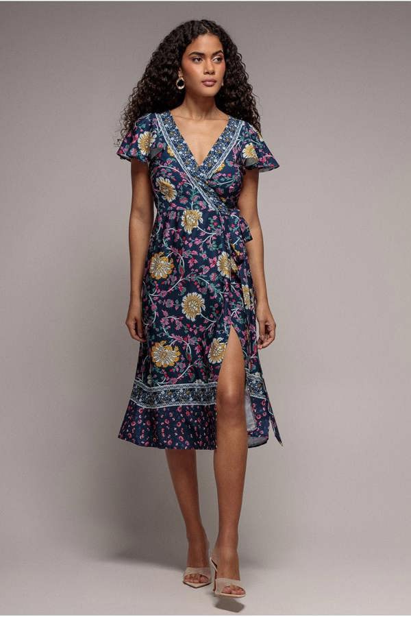 Floral Print Wrap Midi With Flutter Sleeves - Navy Print DR3440