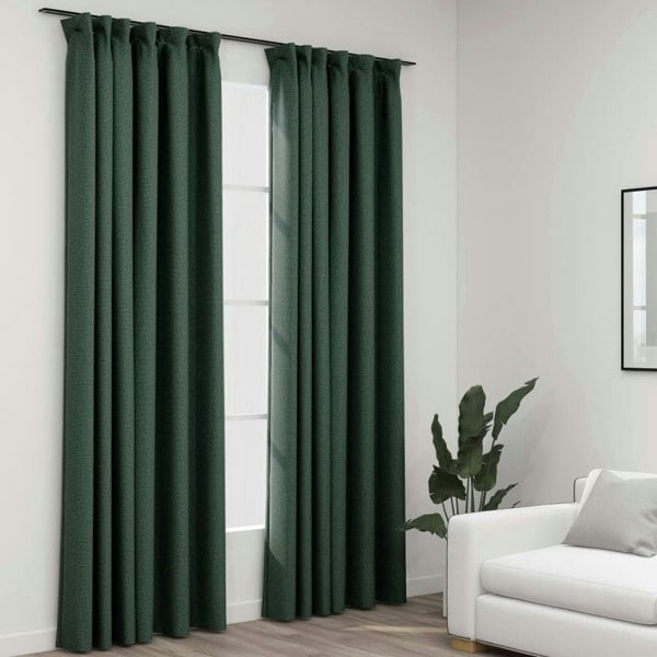 Berkfield Linen-Look Blackout Curtains with Hooks 2 pcs Green 140x225 cm