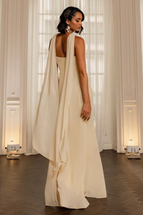 Cross Front Scarf Back Chiffon Mermaid Maxi Dress - Butter Yellow DR4831