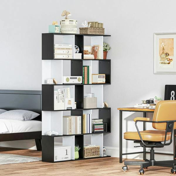 S-shaped bookshelf display with black frame and white-backed open storage compartments