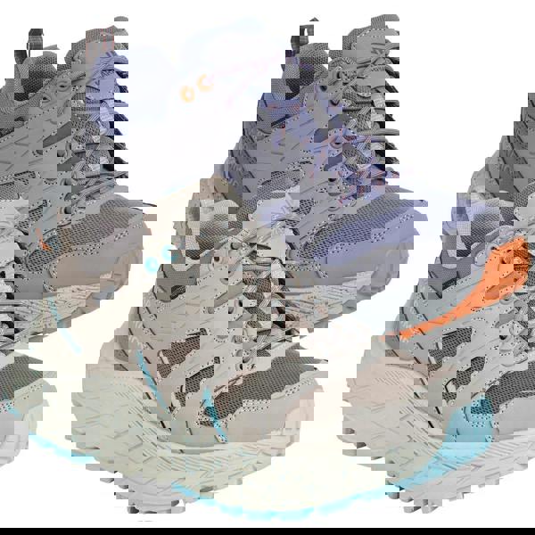 Karrimor Kestrel Womens Casual Walking Trail Hiking Outdoor Trainers, two pairs of lightweight hiking shoes with breathable mesh and synthetic upper, cushioned midsoles, and durable rubber outsoles in grey, beige, and purple colors.