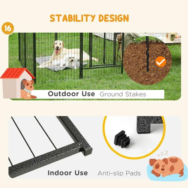 Grey dog playpen with outdoor ground stakes and indoor anti-slip pads
