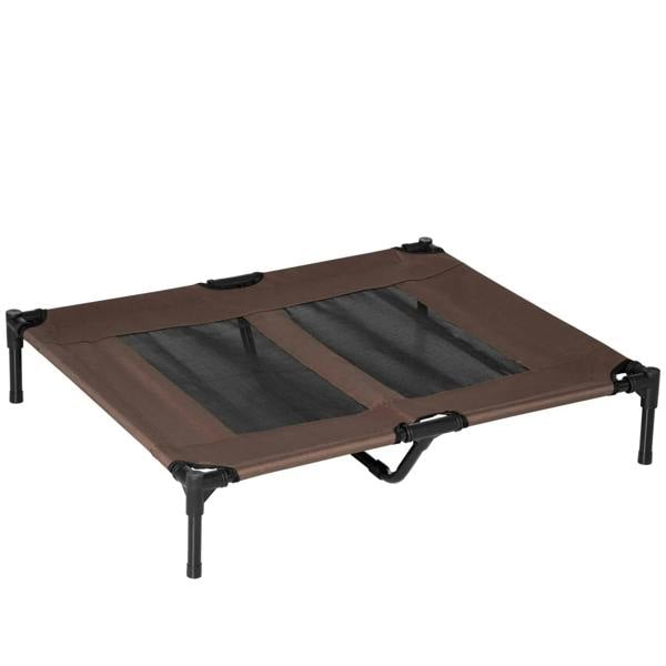 Brown elevated pet cot with mesh panels and black metal legs