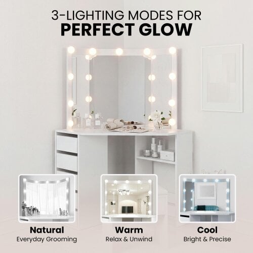 Kosy Koala White Dressing Table Wood Makeup Desk with LED Mirror 5 Drawers Corner