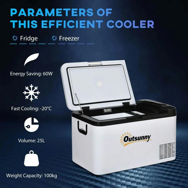 White portable compressor cooler with open lid, foldable handle, and built-in light
