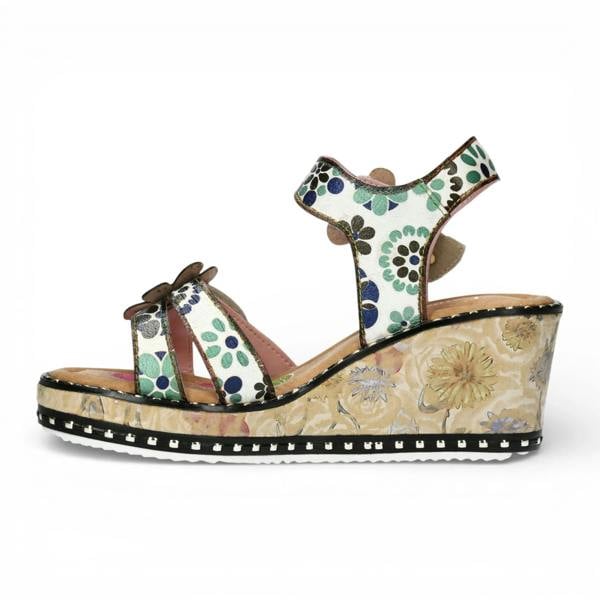 Laura Vita Ballon 08 - Women's Beige Floral Leather Wedge Sandals