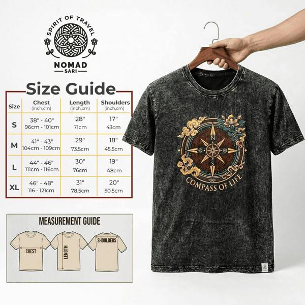 Dark t-shirt hanging on a wooden hanger with circular Compass of Life graphic