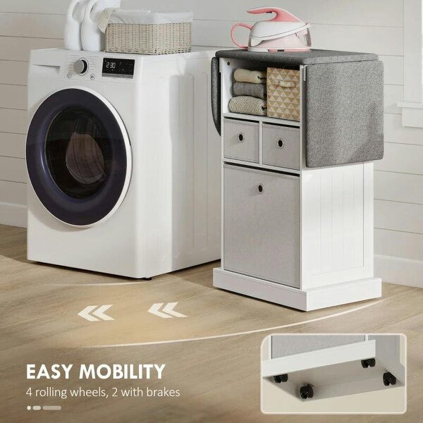Ironing Board Cabinet on Wheels with Ironable and Foldable Top, Mobile Storage Cabinet with Ironing Board, White