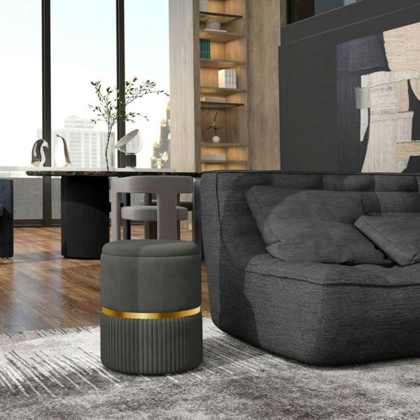 Dyzi Round Storage Pouffe Footstool Cushioned Velvet Seat Grey