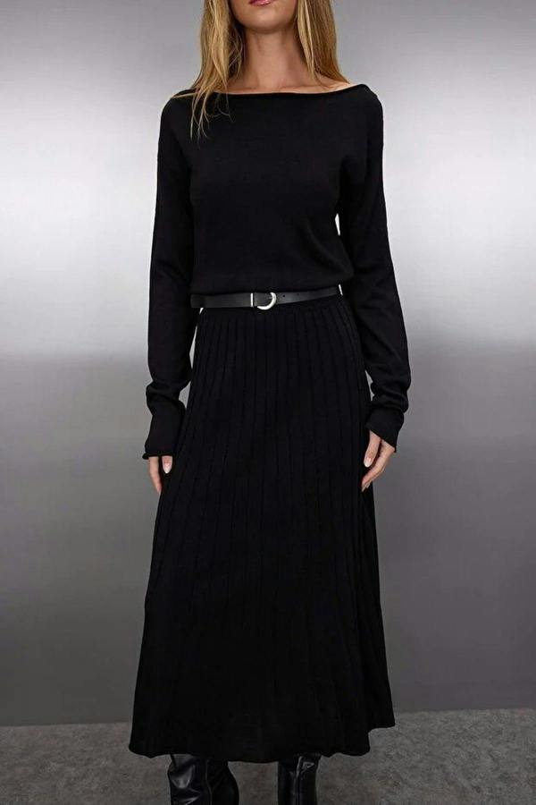 WOVCOR A-line Boat Neck Maxi Knit Belted Long Dress