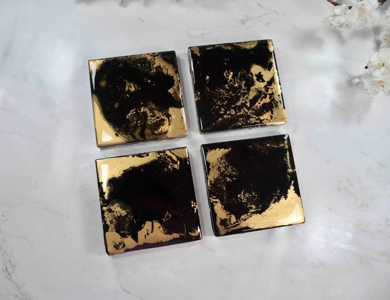 Kate Chesters Art Black Gold Resin Coasters for Drinks Set of 4