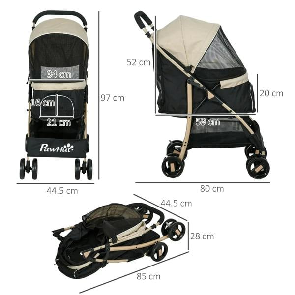 Khaki and black pet stroller with rain cover, side view and dimension labels