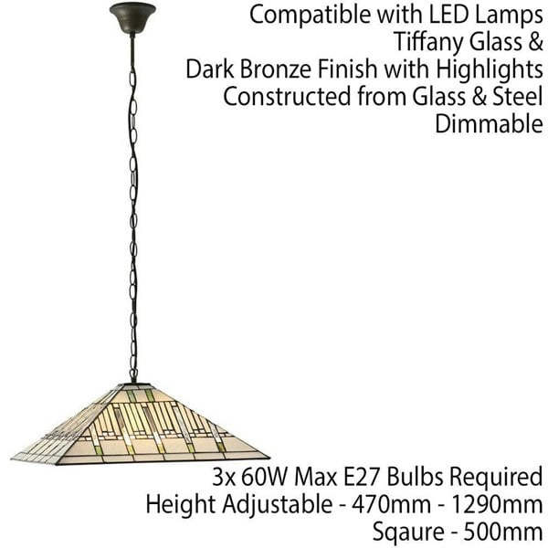 Tiffany Glass Hanging Ceiling Pendant Light Dark Bronze 3 Lamp Shade i00143 Loops