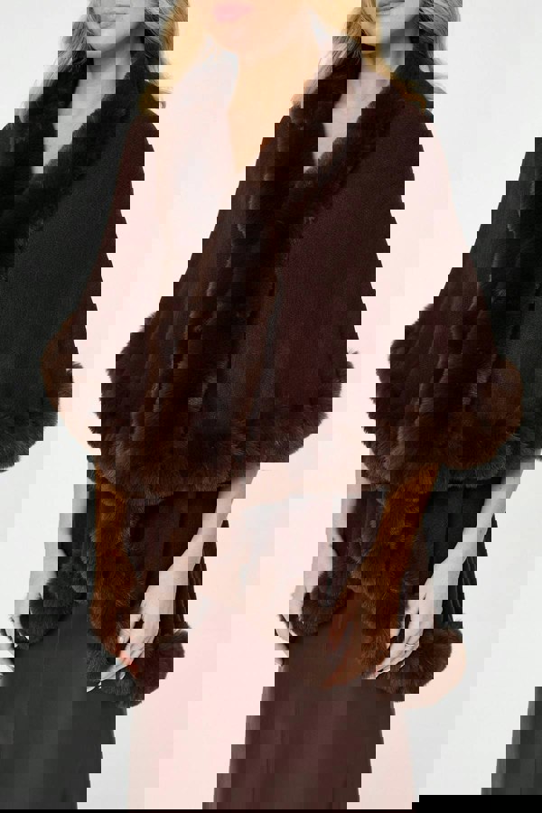 Brown | Faux Fur Trim Layered Poncho
