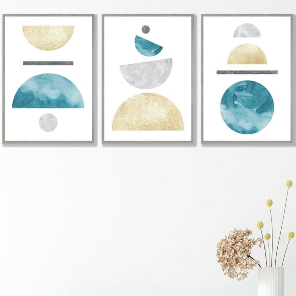 Artze Wall Art Yellow and Aqua Blue Abstract Mid Century Geometric Set of 3 Framed Wall Art
