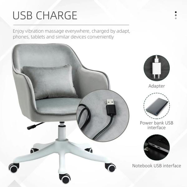 Grey velvet office chair with side USB charging interface and rolling caster base