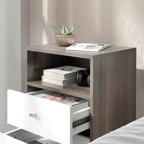 Wyld Haus Cosana Grey and White Scandinavian Bedside Table With Drawers And Open Shelf