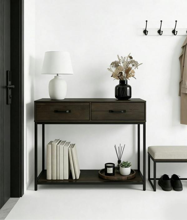 ADOV Console Table with 2 Drawers, Industrial Hallway Table with Open Shelf and Metal Frame for Living Room