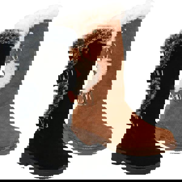 Hush Puppies Megan Womens Tall Hi Zip Up Mid Calf Boots - Wide, pair of stylish mid-calf boots with faux fur trim and buckle details, one in black with grey faux fur and the other in brown with cream faux fur.