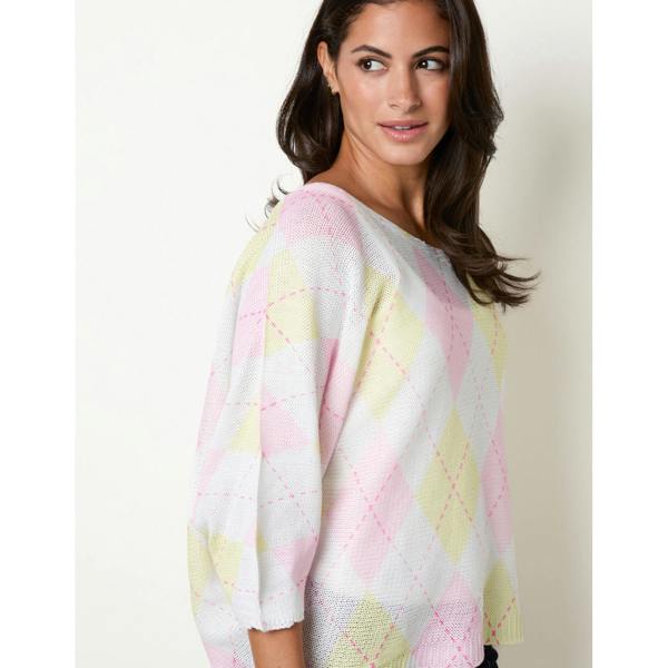 Blue Vanilla Diamond Print Fine Gauge Batwing Jumper