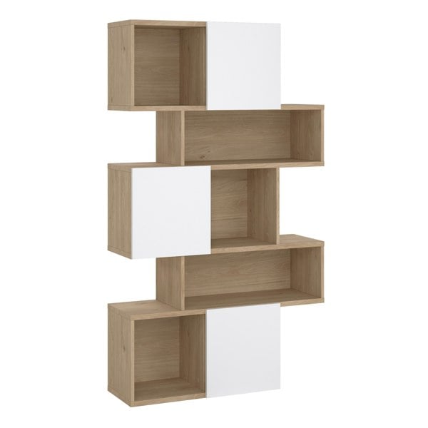 Furniture To Go Maze Asymmetrical Bookcase with 3 Doors in Jackson Hickory and White High Gloss