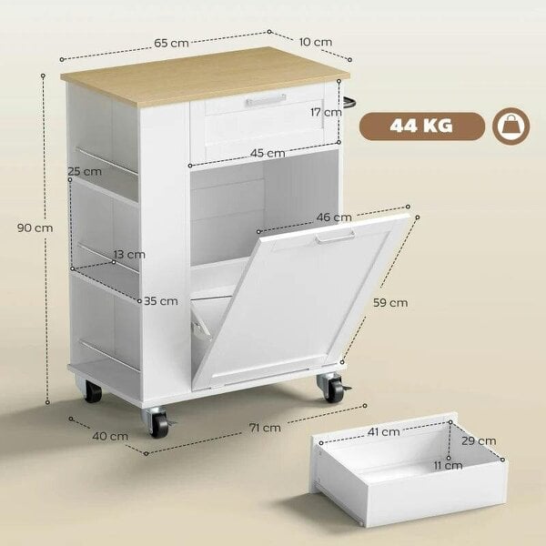 Kitchen Storage Trolley on Wheels, Rolling Kitchen Island with 2 Drawers, Tilt-Out Rubbish Cabinet and Storage, White