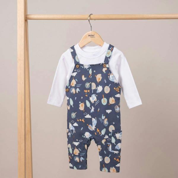 Mini Cuddles Baby Boys farm theme Dungaree Set, White & Blue