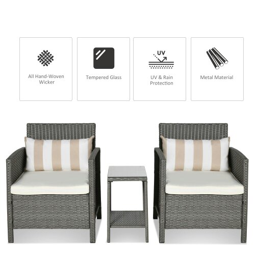 Wyld Haus Reha Rattan Light Grey 3 Piece Garden Bistro Set With 2 Tier Glass Table And Stripe Cushions