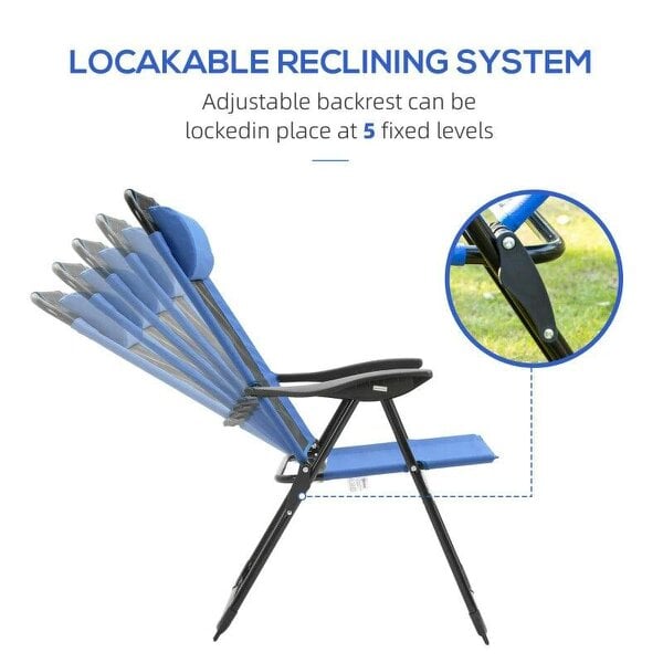 Bobobiy Folding Garden Chairs Set of 2, 5-Position Recliner Camping Chair with High Back, Portable Outdoor Dining Chairs with Headrests, Blue