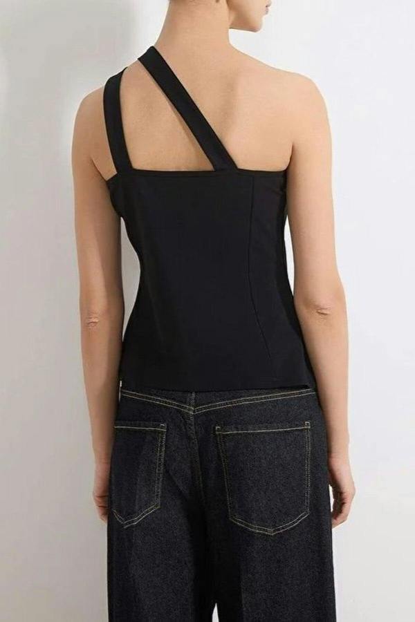 WOVCOR Asymmetrical Collar Sleeveless Buttoned Scuba Crepe Knit Blouse