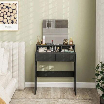 Wyld Haus Merotto Black Dressing Table With Mirror And Multi Storage Layout