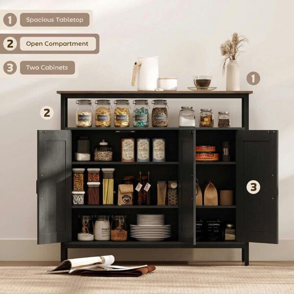 Industrial Kitchen Sideboard with Open Shelf, 2 Cabinets, Adjustable Shelves for Living Room, Dining Room, Black