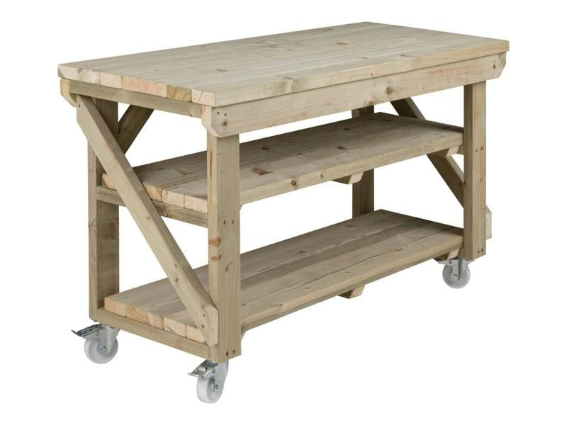 Indoor/Outdoor Pressure-Treated Double Shelf with wheels Workbench, a robust and versatile solution for all your workspace needs. Handcrafted in the UK, this workbench is constructed from high-quality, pressure-treated timber, ensuring durability and resistance to the elements, making it suitable for both indoor and outdoor use.