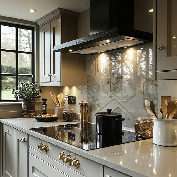 Benjamin Tate Design Geometric Marble Pattern With Gold Glitter Splash Back