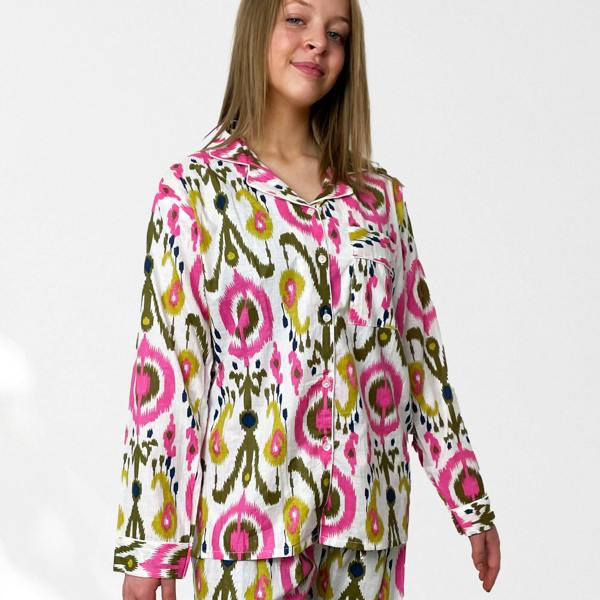 Hayley & Co Ikat Print 100% Cotton Long Pyjama Set in White and Print