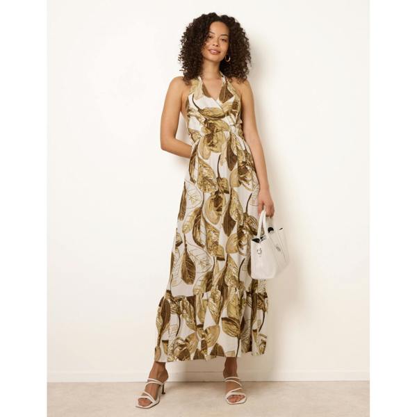 Blue Vanilla Leaf Print Halter Neck Dress