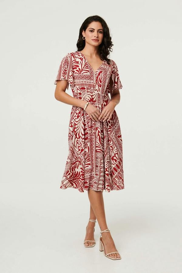 Red | Abstract Print Angel Sleeve Midi Dress