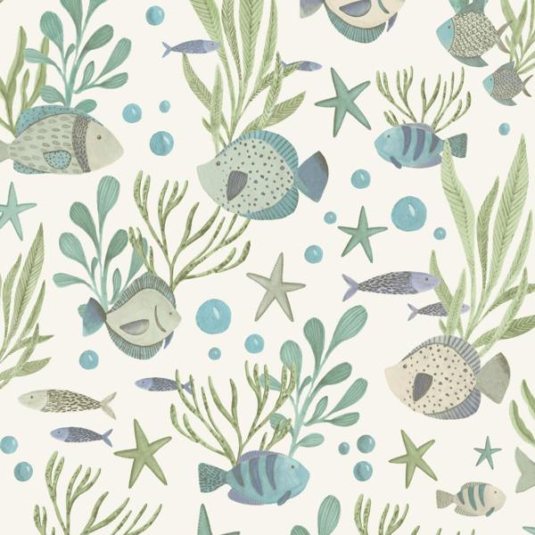 Grandeco Nemo Sealife Fish Nursery Textured Wallpaper, Teal Green
