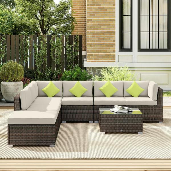 Wyld Haus Dobazi  Mixed Brown Rattan 6 Seater Corner Sofa Set With Cushions And Glass Coffee Table