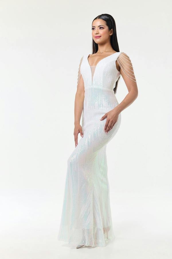 LuvForever Riona - White Jewelled Shoulder Sequin Maxi Dress