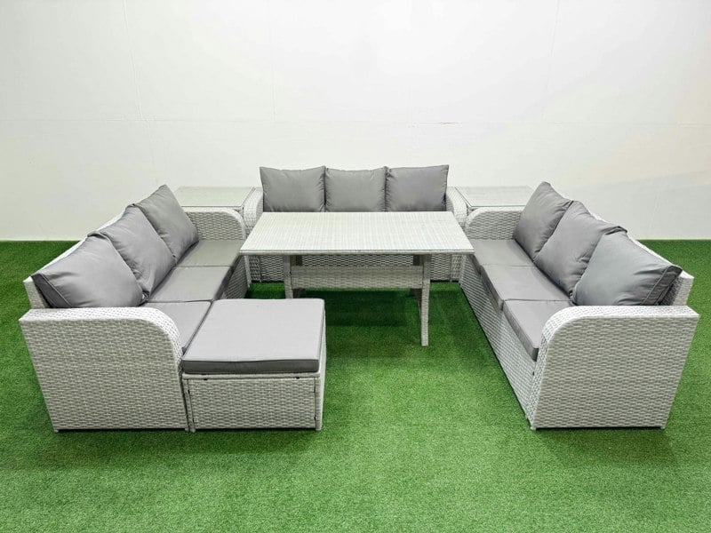 Fimous 10-Seater PE Rattan Outdoor Lounge Sofa Set | Rectangular Dining Table, 3-Seater Sofa, Footstool, 2 Side Tables | Light Grey