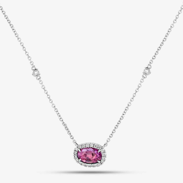 T. H. Baker 18ct White Gold 0.90ct Oval Cut Pink Sapphire & 0.19ct Brilliant Cut Diamond Halo Necklace NTX1695 18WG
