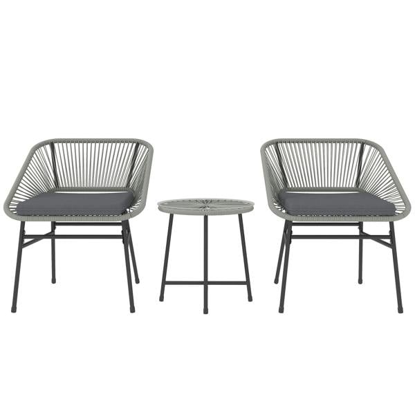 Wyld Haus Sorino Rattan Rope Light Grey 3 Piece Outdoor Garden Bistro Furniture Set Glass Coffee Table