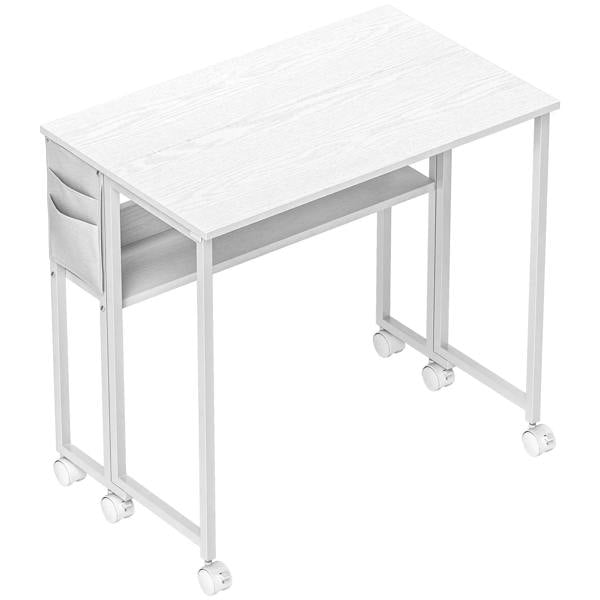 White drop-leaf writing desk with smooth tabletop, side panel, and caster wheels.