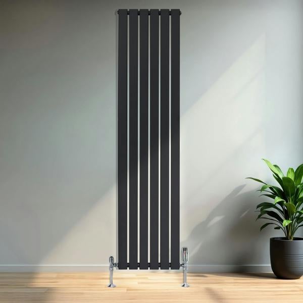 Flat single column radiator in anthracite grey, 1800 x 420mm, featuring a sleek vertical design and modern finish against a minimalist backdrop